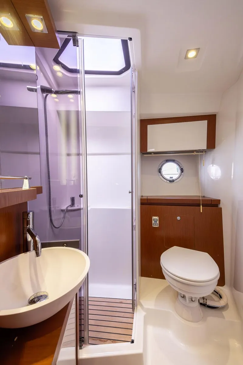 Slide: The Image of Luxurious bathroom in 2014 Beneteau Gran Turismo 44 yacht with modern fixtures. - 24