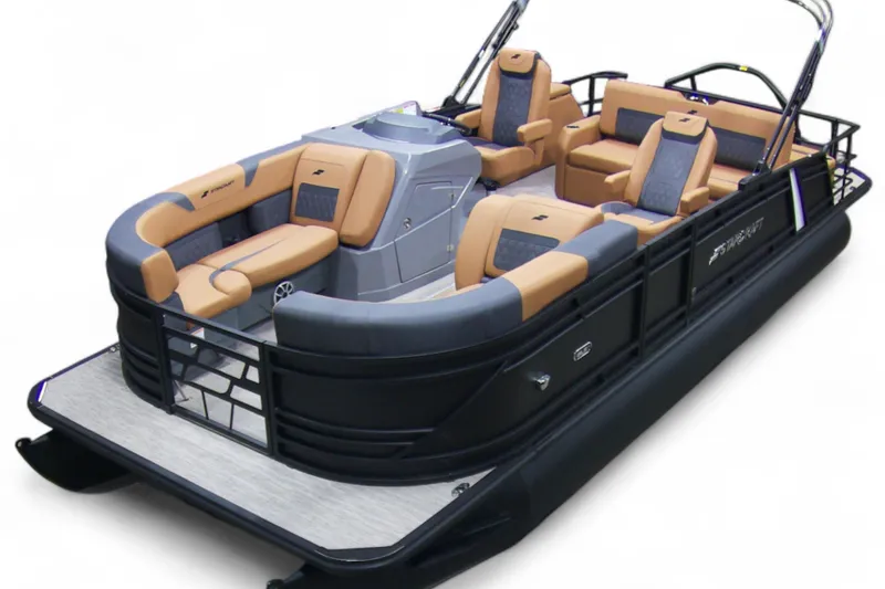 Slide: The Image of 2026 Starcraft SLS 3 Q DH pontoon boat displayed in showroom. - 2