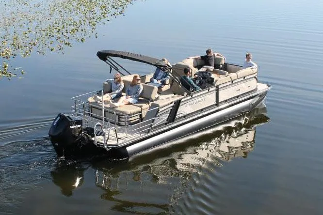 Slide: The Image of 2026 Starcraft SLS 3 Q DH boat interior with tan and gray seating, modern design. - 9