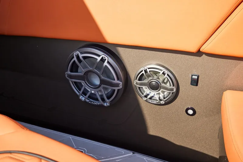 Slide: The Image of Orange boat interior with JL Audio speakers, Midnight Express 37' Open model. - 11