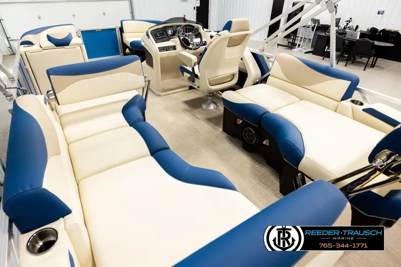 Slide: The Image of Luxurious 2026 Avalon LSZ QLS pontoon boat interior with plush seating and modern design. - 11