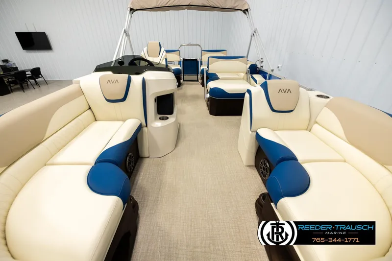 Slide: The Image of Luxurious 2026 Avalon LSZ QLS pontoon boat interior with plush seating and modern design. - 13