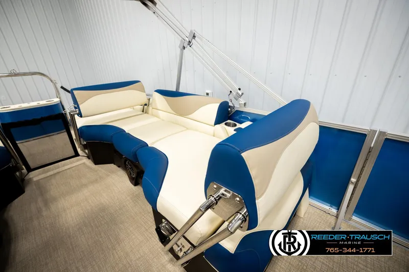 Slide: The Image of Luxurious seating on 2026 Avalon LSZ QLS boat, featuring blue and beige upholstery. - 21