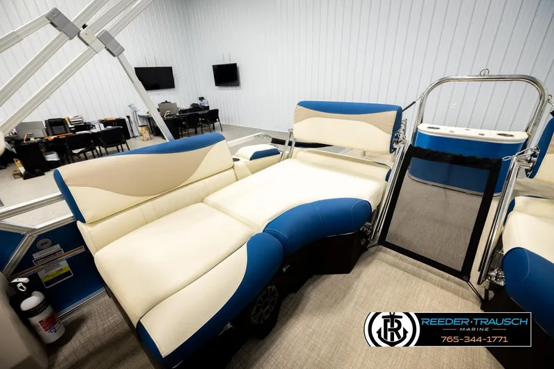 Slide: The Image of Luxurious seating on 2026 Avalon LSZ QLS boat, featuring blue and cream upholstery. - 24
