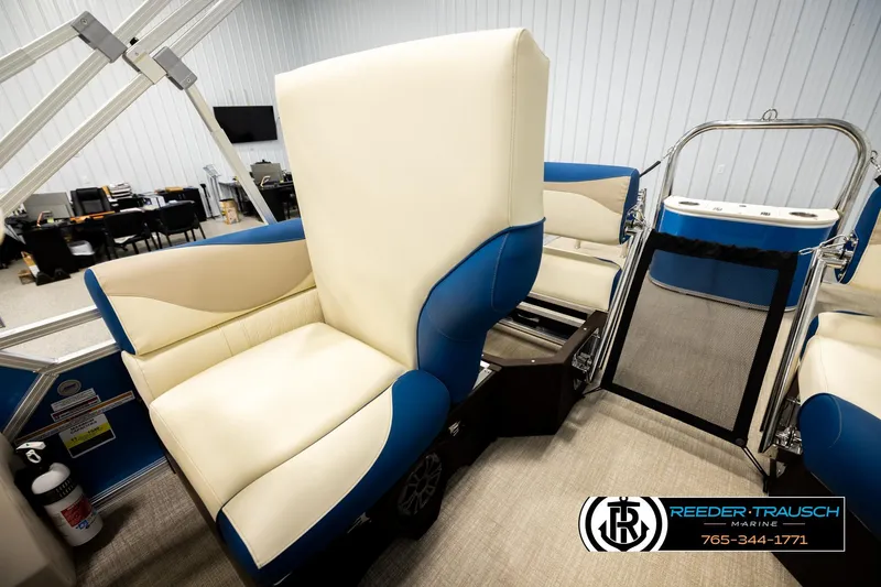 Slide: The Image of Luxurious seating in 2026 Avalon LSZ QLS boat, featuring cream and blue upholstery. - 26