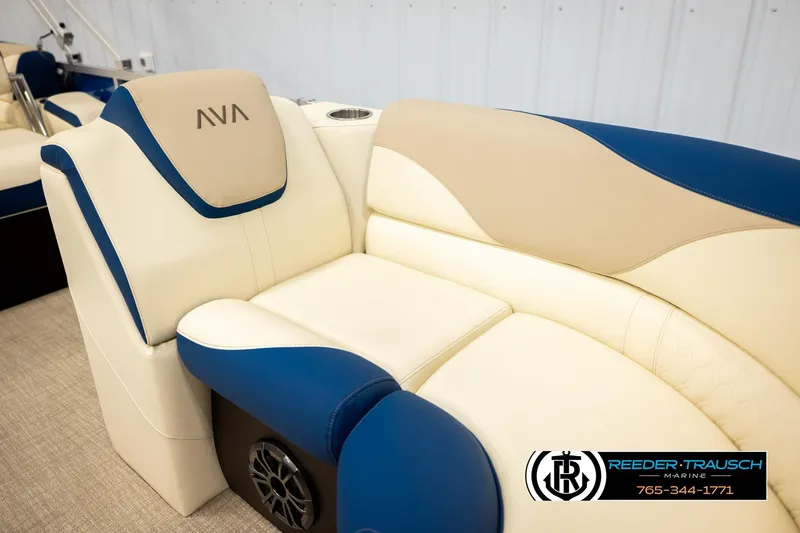 Slide: The Image of Luxurious seating in 2026 Avalon LSZ QLS boat, featuring blue and beige upholstery. - 30