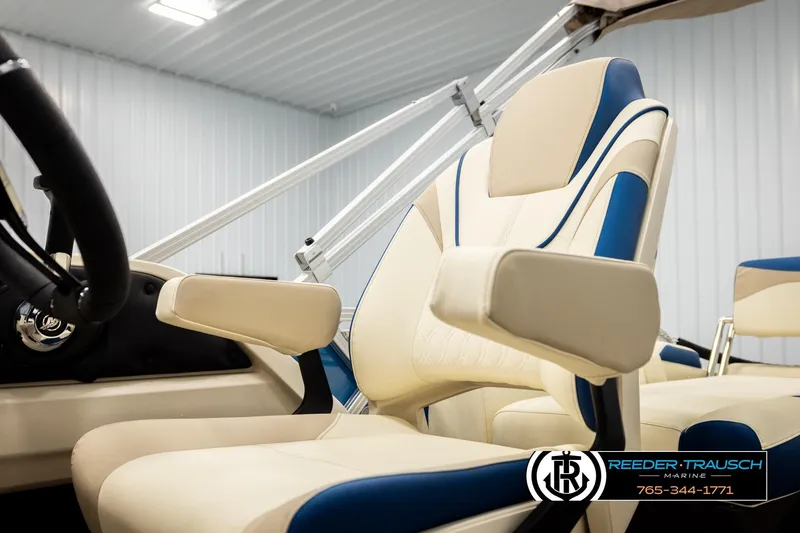 Slide: The Image of Luxurious seating in 2026 Avalon LSZ QLS boat, featuring beige and blue upholstery. - 32