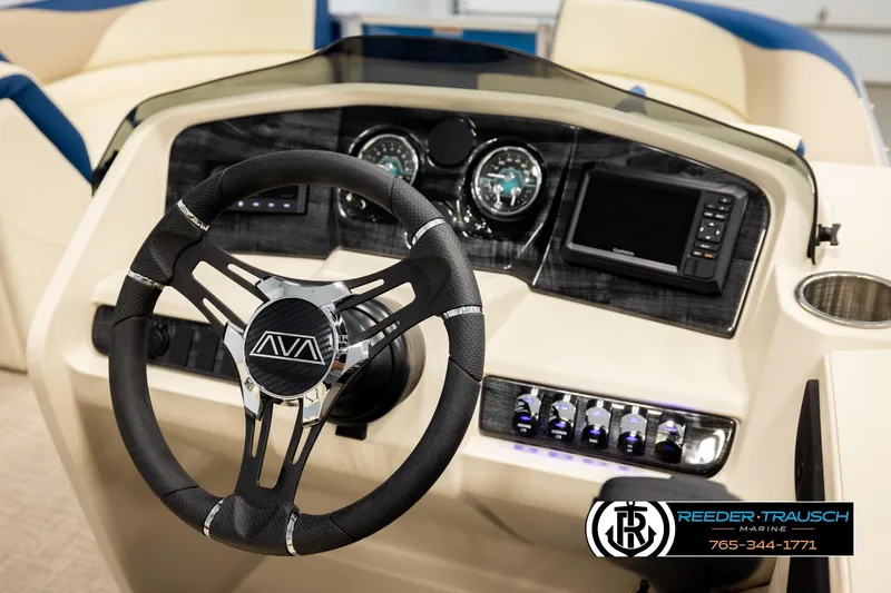 Slide: The Image of Steering console of 2026 Avalon LSZ QLS boat with modern controls and display. - 33