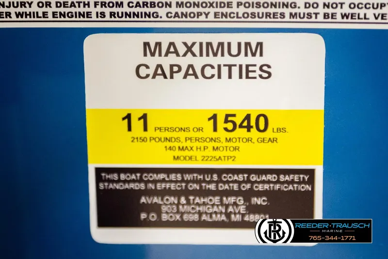 Slide: The Image of Maximum capacity label for Avalon LSZ QLS 2026 boat, 11 persons or 1540 lbs. - 53