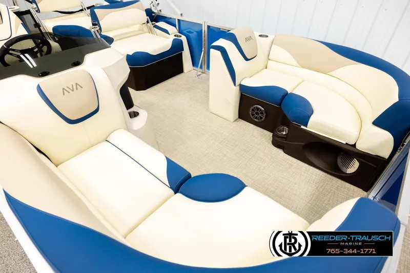 Slide: The Image of Luxurious 2026 Avalon LSZ QLS boat interior with blue and white seating. - 9