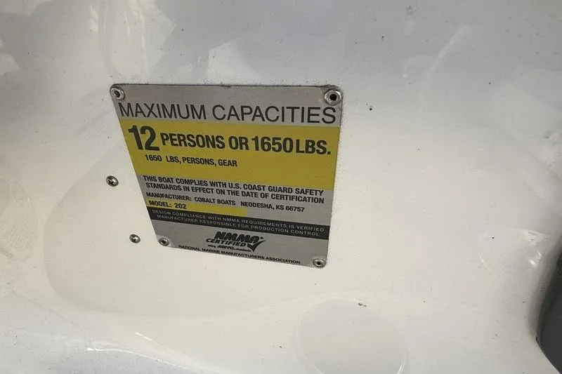 Slide: The Image of Capacity plate on 2008 Cobalt 202 boat: 12 persons or 1650 lbs. - 30