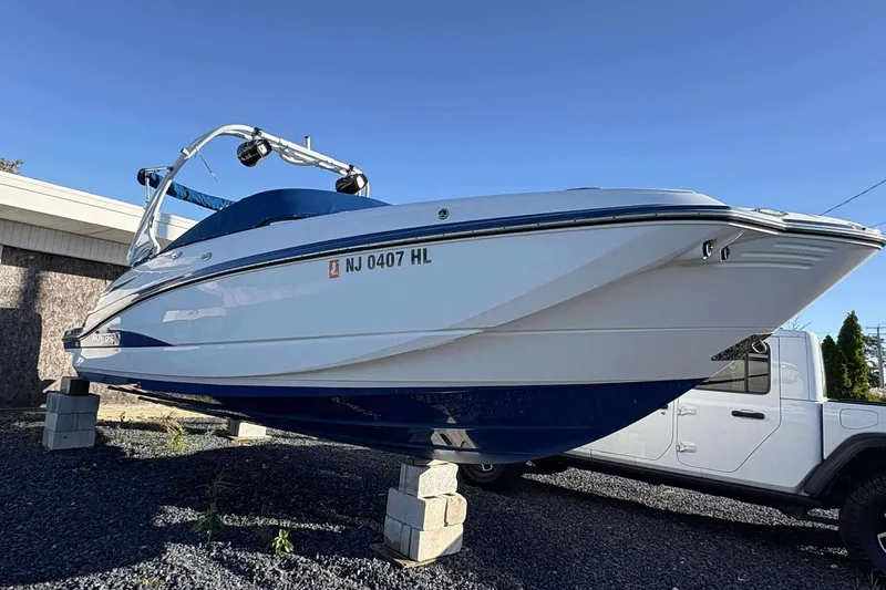 The Image of 2020 Monterey M-65 boat on blocks, blue and white design, clear sky background. - 0