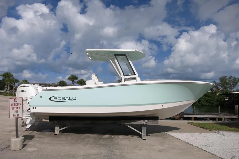 The Image of 2025 Robalo R250 Center Console boat on display under a cloudy sky. - 1