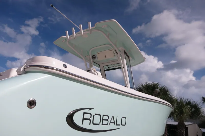 Slide: The Image of 2025 Robalo R250 Center Console boat against a cloudy sky backdrop. - 10