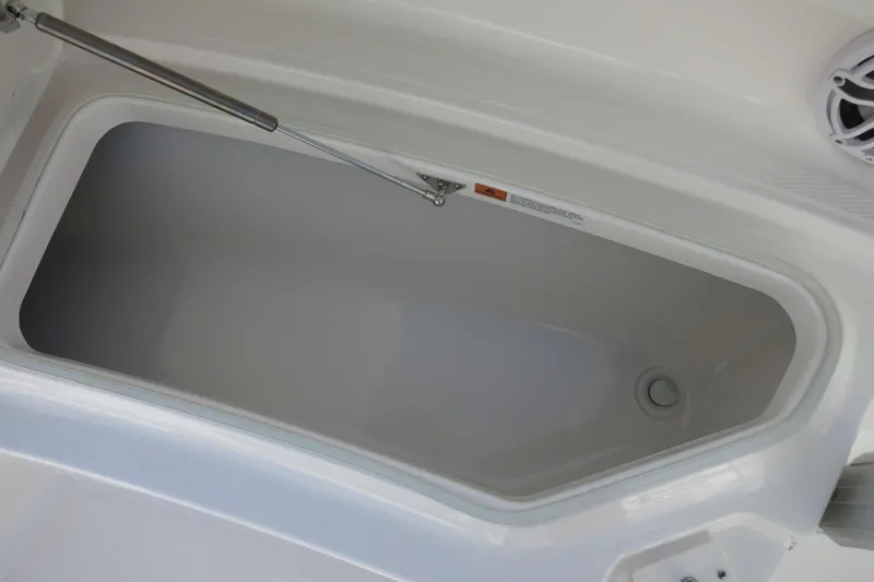 Slide: The Image of 2025 Robalo R250 Center Console storage compartment, open with hydraulic support. - 16