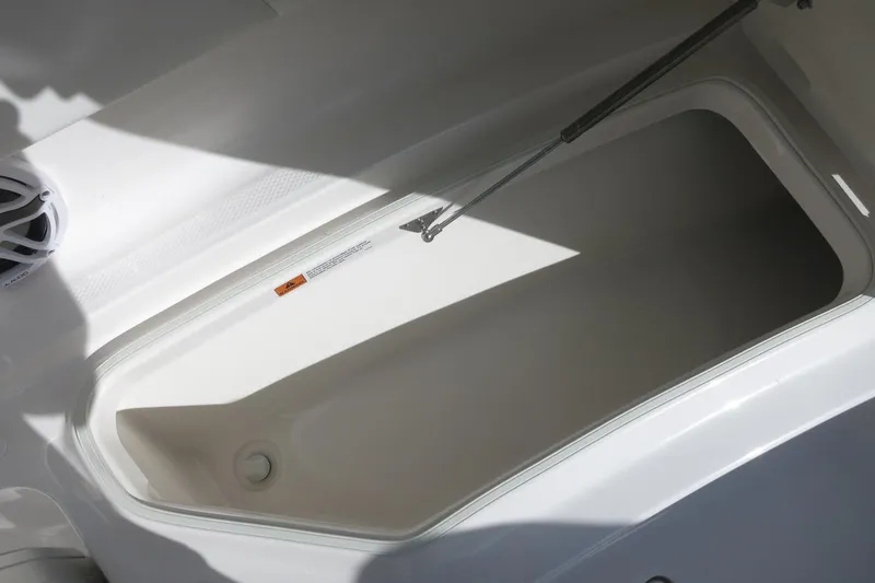 Slide: The Image of 2025 Robalo R250 Center Console storage compartment with hydraulic lift support. - 17