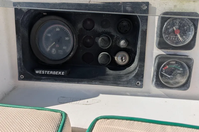 Slide: The Image of Control panel of a 2001 Beneteau Oceanis 331 sailboat with Westerbeke engine gauges. - 9