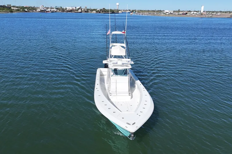Slide: The Image of 2013 SeaVee 39B Center Console boat on calm blue water, aerial view. - 14