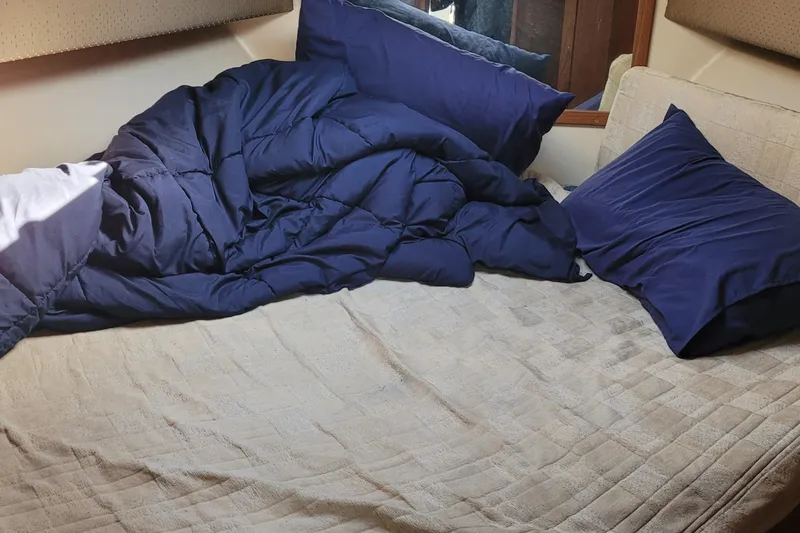 Slide: The Image of Cozy bed with blue bedding inside a 2001 Luhrs 34 Convertible boat cabin. - 46