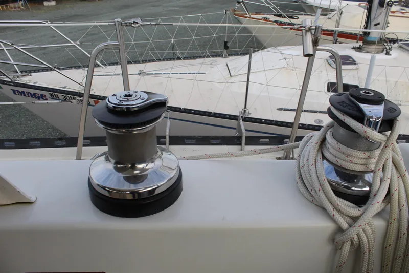 Slide: The Image of Deck view of 1979 Spencer Yachts 53 with winches and ropes. - 53