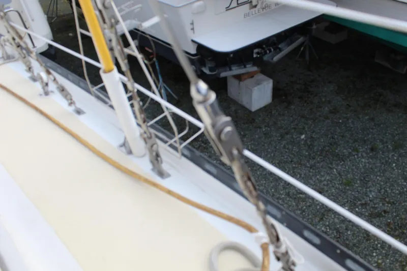 Slide: The Image of Close-up of 1979 Spencer Yachts 53 sailboat rigging and deck details. - 56