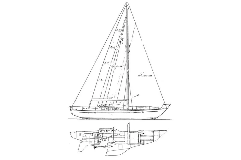 Slide: The Image of Line drawing of a 1979 Spencer Yachts 53 sailboat, showcasing side and interior views. - 3