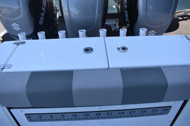 Slide: The Image of 2021 Cape Horn 36 XS boat with Suzuki engines and rod holders. - 28