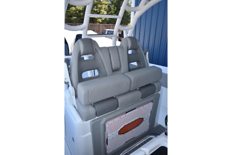 Slide: The Image of 2021 Cape Horn 36 XS boat with gray cushioned seating and storage compartment. - 22