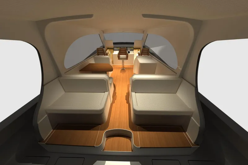 Slide: The Image of Luxurious interior of 2026 Front Runner 55' Catamaran with modern seating and wooden flooring. - 5