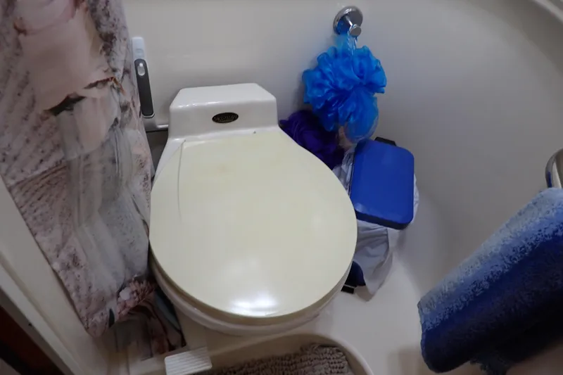 Slide: The Image of 2002 Sea Ray 340 Sundancer bathroom with toilet, shower curtain, and blue bath accessories. - 101