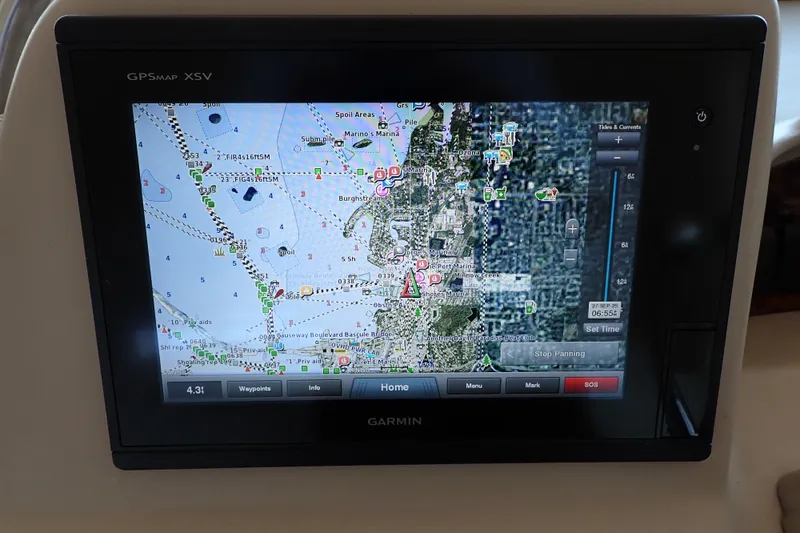 Slide: The Image of Garmin GPS display on 2002 Sea Ray 340 Sundancer, showing detailed nautical map. - 39