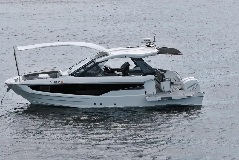The Image of 2023 Galeon 400 XL luxury yacht on calm water, side view. - 0