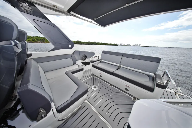 Slide: The Image of Luxurious seating area on 2023 Galeon 400 XL yacht, overlooking serene waters. - 15