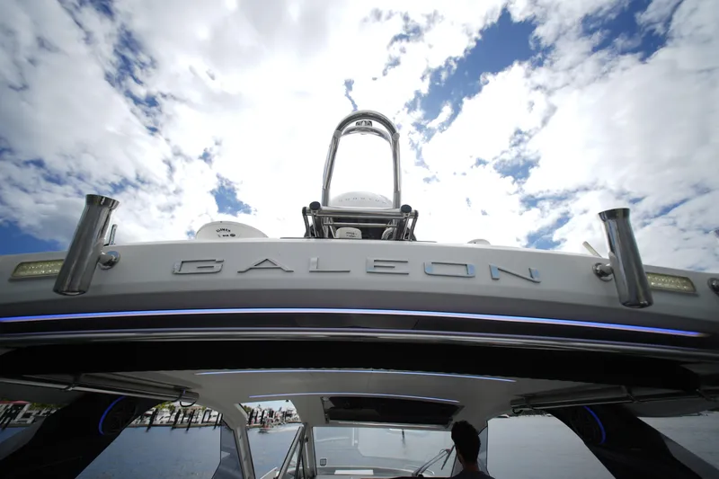 Slide: The Image of 2023 Galeon 400 XL yacht against a cloudy sky, showcasing sleek design and modern features. - 39