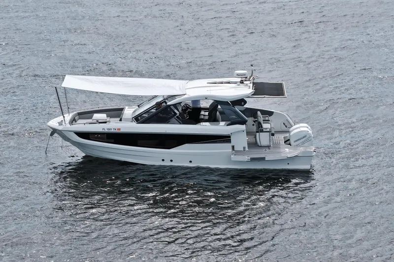 Slide: The Image of 2023 Galeon 400 XL yacht cruising on open water, featuring sleek design and modern amenities. - 40