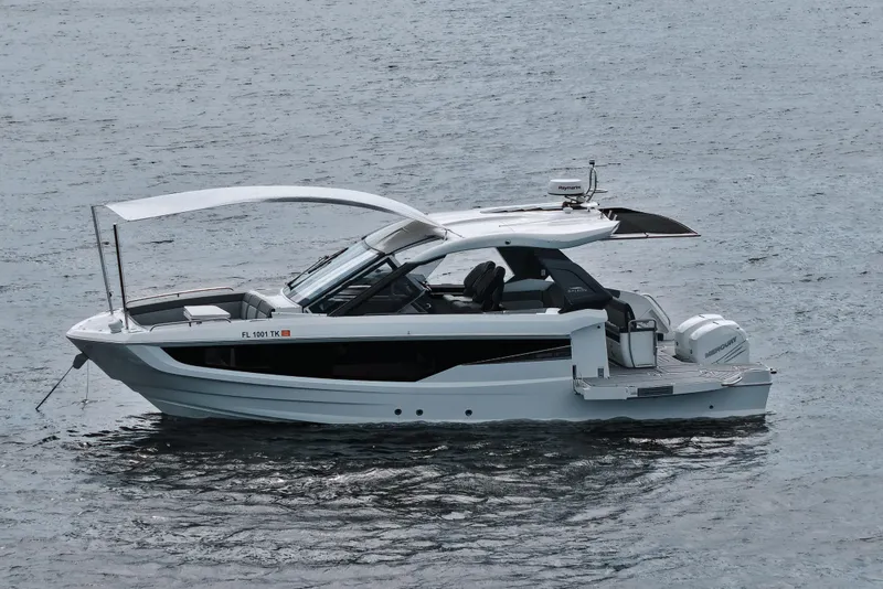 Slide: The Image of 2023 Galeon 400 XL luxury yacht on calm water. - 42