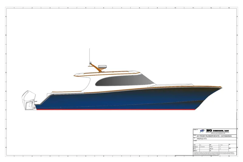 Slide: The Image of Front Runner 43' HTX 2026 model boat design, side profile view, blue hull. - 10