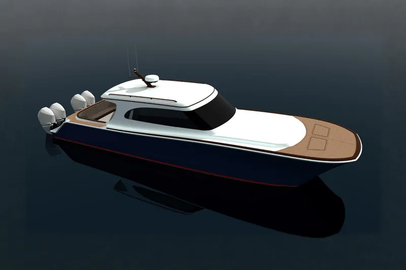 Slide: The Image of 2026 Front Runner 43' HTX yacht with sleek design and triple outboard engines. - 5