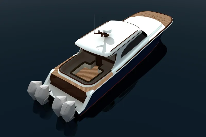 Slide: The Image of 2026 Front Runner 43' HTX boat with triple outboard engines on calm water. - 7