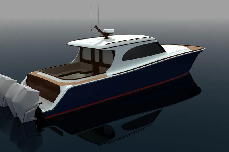 Slide: The Image of 2026 Front Runner 43' HTX luxury yacht on calm water, sleek design, modern features. - 8