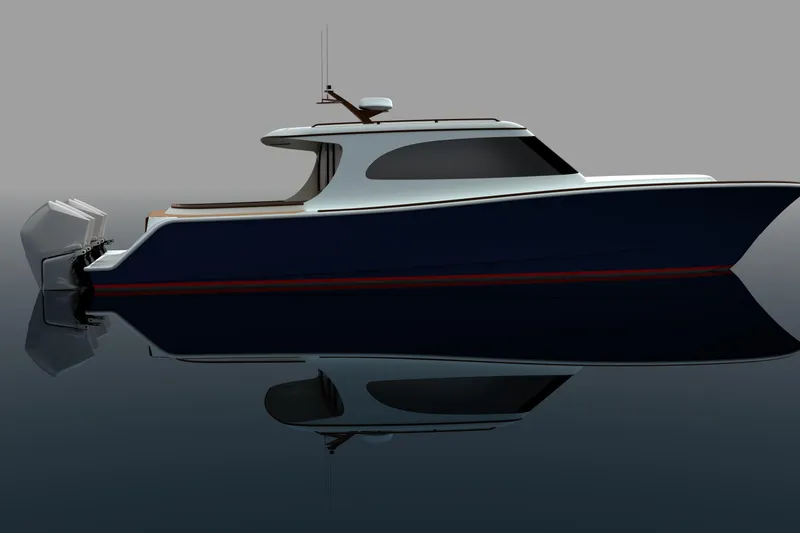 Slide: The Image of 2026 Front Runner 43' HTX boat with sleek design and dual outboard motors. - 9