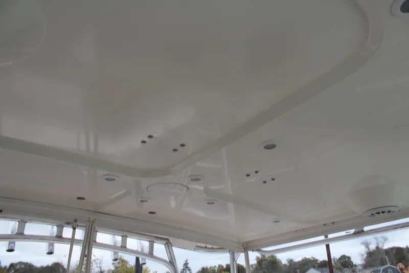 Slide: The Image of Ceiling view of 2005 Rampage 38 Express boat, showcasing sleek design and lighting fixtures. - 11