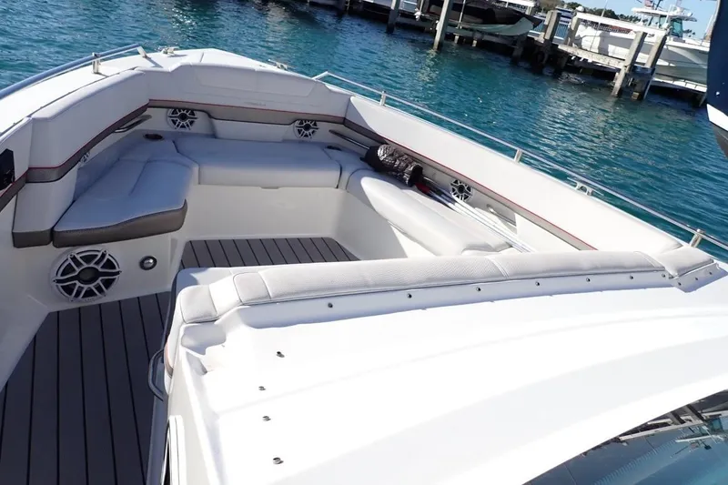 Slide: The Image of 2023 Formula 380 Super Sport Crossover OB boat interior with spacious seating and modern design. - 11