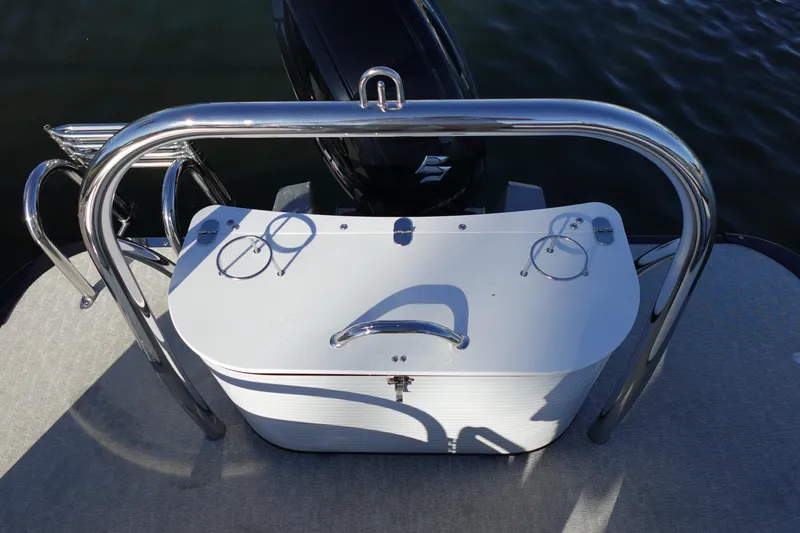 Slide: The Image of 2020 Tahoe Pontoon 2485 LTZ Rear Lounger with stainless steel railing and motor. - 13