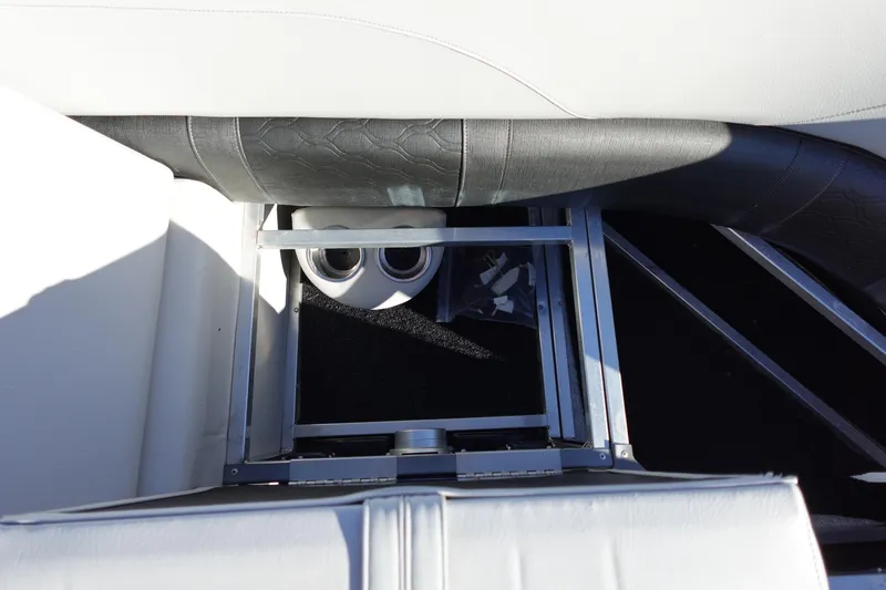 Slide: The Image of 2020 Tahoe Pontoon 2485 LTZ Rear Lounger interior with cup holders and seating. - 42