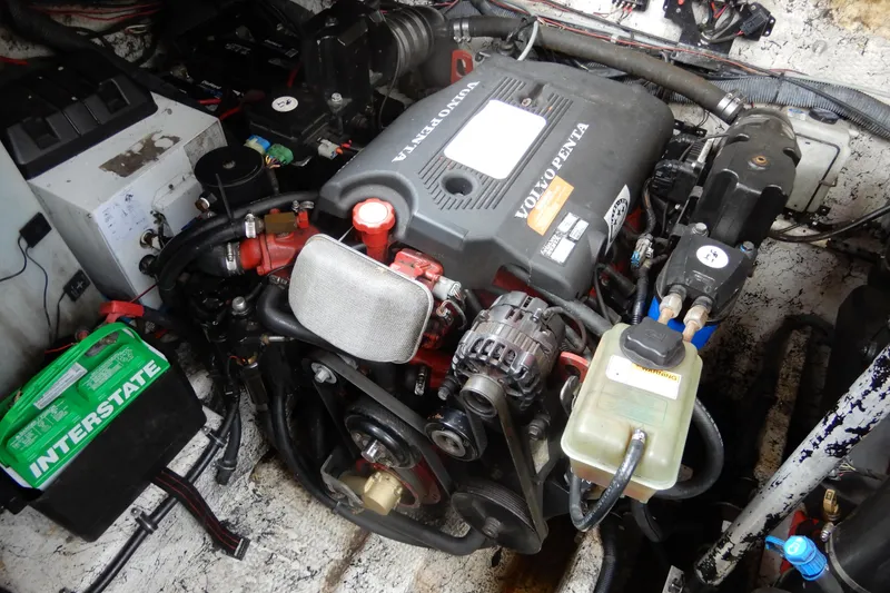 Slide: The Image of Engine compartment of a 2005 Rinker 360 Express Cruiser with Volvo Penta engine. - 25