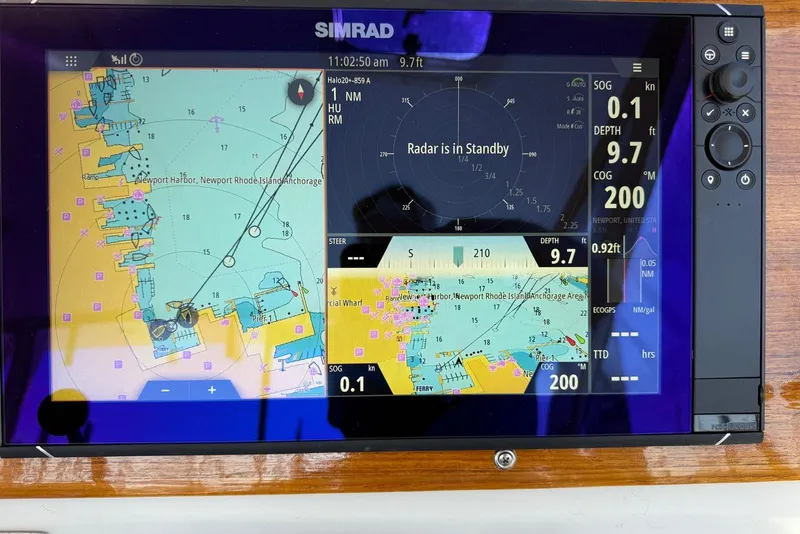 Slide: The Image of Simrad navigation display on 2000 Little Harbor Whisper Jet 34, showing Newport Harbor map. - 8