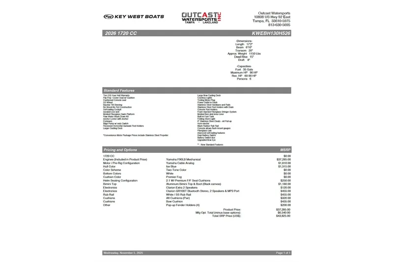 Slide: The Image of 2026 Key West 1720 Center Console boat specifications and pricing details. - 14