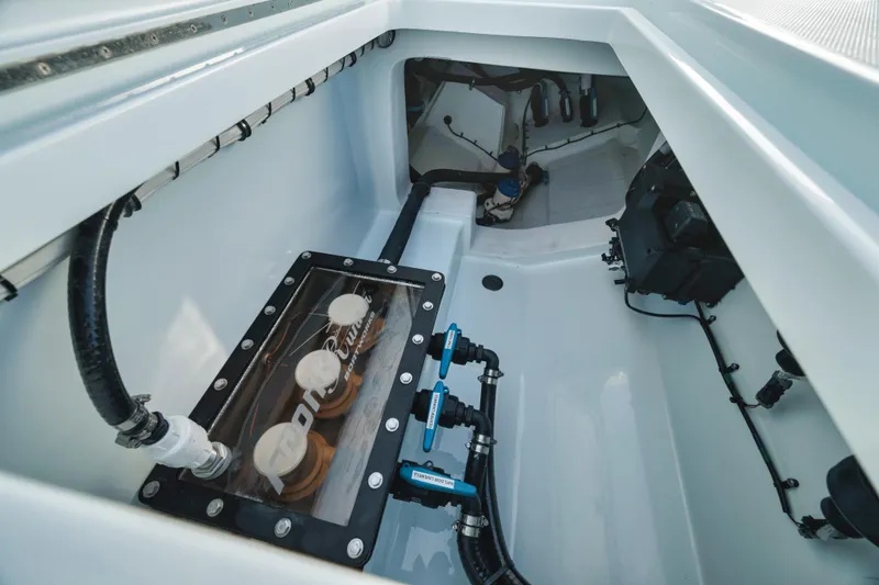 Slide: The Image of Interior view of 2026 Front Runner 37' Catamaran's engine compartment, showcasing modern equipment. - 15