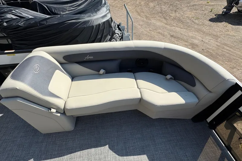 Slide: The Image of 2024 Barletta ARIA 22UC boat seating with elegant gray upholstery and modern design. - 8